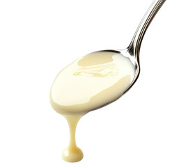 Sour cream in a spoon on a  Creamy white substance spills from a silver spoon onto a light gray  white background 

