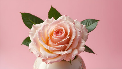 Fototapeta premium light pink rose in a flower vessel on light pink background, Generative AI