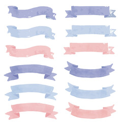 りぼんフレームの手描き水彩画イラストセットベクター