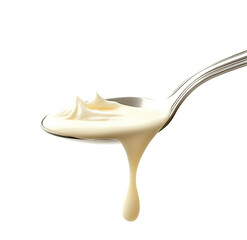 Sour cream in a spoon on a  Creamy white substance spills from a silver spoon onto a light gray  white background 

