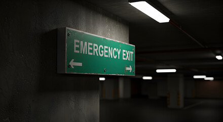 Obraz premium Emergency Exit Sign Guiding Toward Safety In A Concrete Parking Garage
