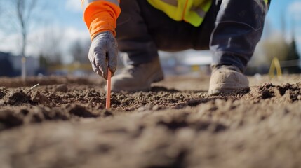 Surveyor marking boundaries at a construction site. Featuring precision and land measurement