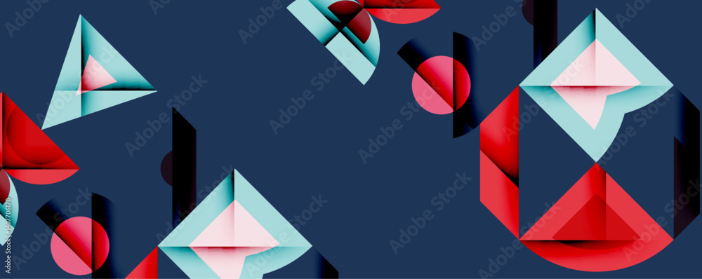 Poster abstract geometric composition. shapes include triangles, rectangles, circles. colors are red, blue,