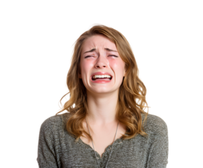 A young woman is overcome with sadness, tears streaming down her face as she expresses deep sorrow and emotional distress on a dark background.