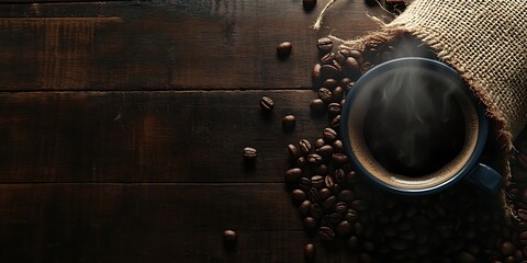 A cup of coffee with steam rising from it, surrounded by scattered coffee beans