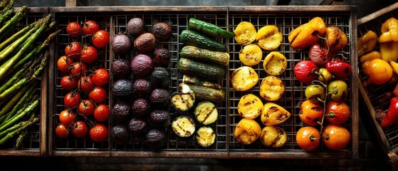 Vibrant overhead arrangement of grilled vegetables on metal grill