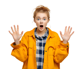Expressive young woman displaying shock with open mouth and raised hands, blonde hair. Against a black background, emotion is the focus
