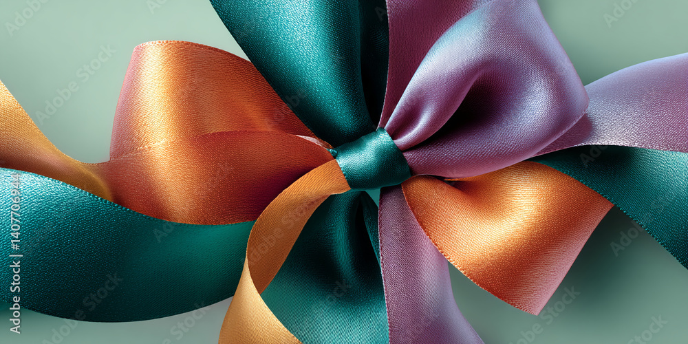 Poster close-up of a multicolored satin ribbon bow, teal, copper, and mauve hues, creating a luxurious and 