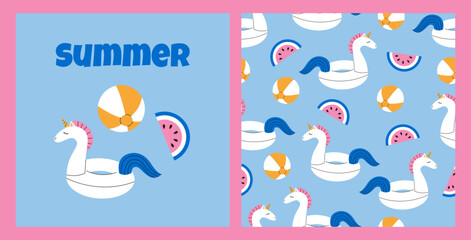 Inflatable ring unicorn seamless pattern