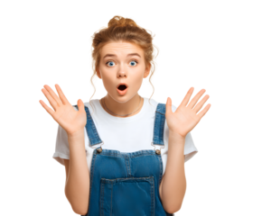 Surprised young woman with open mouth and raised hands on an isolated background. Denim overalls and white T-shirt. Curly hair in a bun.