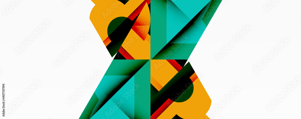Poster Abstract geometric composition. Overlapping colorful polygons create dynamic form. Teal, orange, green, black hues dominate design. Modern, minimalist aesthetic.