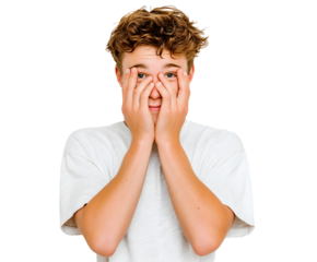 Young man with curly hair playfully covers his face with his hands, peeking through his fingers with a mischievous expression, against a dark backdrop.