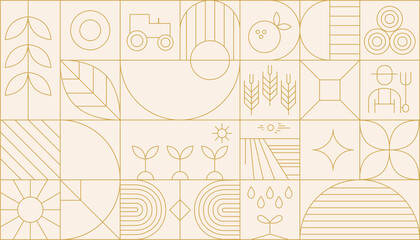 Agriculture abstract modern line geometric pattern. Vector eco farming and green energy background with linear plants, sprouts and leaves, water waves, flowers, light bulb and sun, windmill or tree.ag