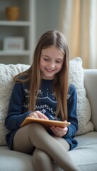 A cheerful young girl with long hair is seated comfortably on a plush sofa, engrossed in her tablet. The warm, inviting atmosphere is enhanced by soft lighting and a cozy setting, perfect for moments