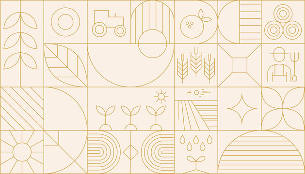 Agriculture abstract modern line geometric pattern. Vector eco farming and green energy background with linear plants, sprouts and leaves, water waves, flowers, light bulb and sun, windmill or tree.ag