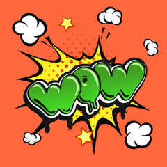 Wow! comic speech bubble or shout balloon. Graffiti in trendy pop art style . Explosion ray bang vector illustration.