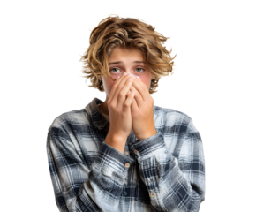 A young person wearing a flannel shirt with disheveled hair presses their hands to their nose, looking as though they have a cold or allergies.