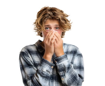 A young person wearing a flannel shirt with disheveled hair presses their hands to their nose, looking as though they have a cold or allergies.