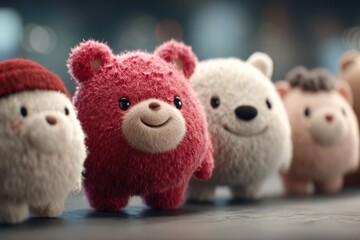 Fototapeta premium Cute stuffed bears lined up on a table in a cozy indoor environment during a playful gathering
