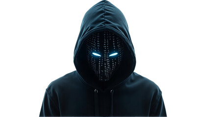 Mysterious hacker illustration. Ideal for cybersecurity, data protection or technology concepts. Isolated on transparent background. Perfect for digital art projects.