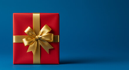 Elegant red gift box with gold ribbon perfect present holiday surprise against a blue background