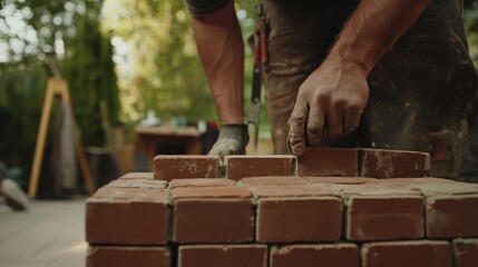 Mason constructing a brick wall in an outdoor patio. Featuring precision and strength