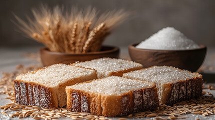 Four slices of bread with sugar on top