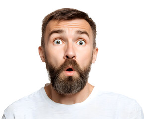 Obraz premium Man with wide eyes and open mouth conveys shock and surprise. Isolated on black. Expressive face with disbelief and astonishment.