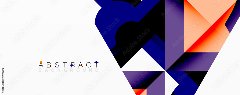 Poster geometric shapes overlap, creating dynamic composition. vivid colorsblue, orange, purpledominate des