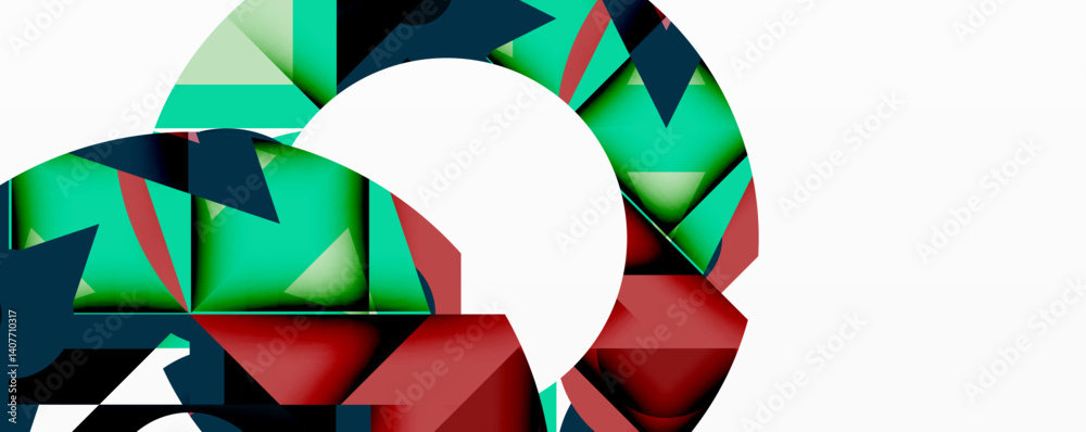 Aufkleber Abstract geometric composition. Interlocking shapes create circular form, utilizing green, red, navy hues. Minimalist design with clean lines, modern aesthetic.