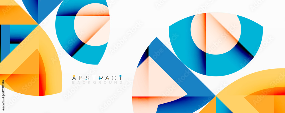 Poster abstract geometric shapes overlap, creating dynamic composition. orange, blue, peach hues dominate d