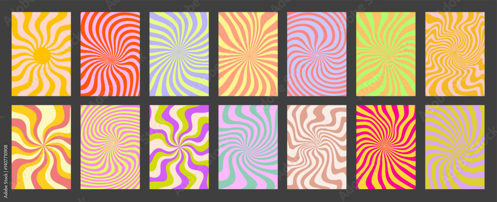 Aufkleber abstract geometric swirl posters set. cool groovy sun rays placards vector design. y2k trippy wavy t