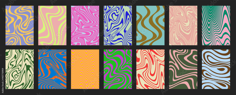 Poster Abstract Geometric Posters Set. Cool Groovy Placards Vector Design. Y2k Trippy Wavy Textures Collection. Playful Funny Covers.