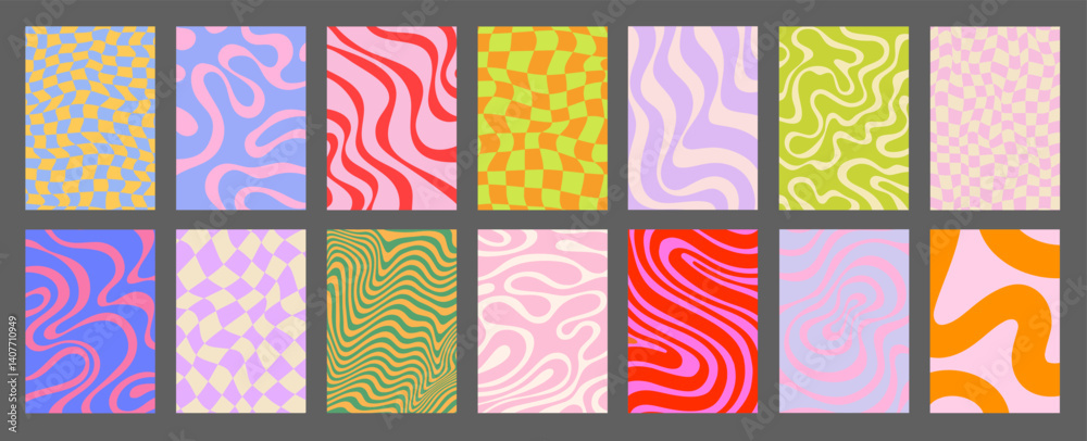 Poster abstract geometric posters set. cool groovy placards vector design. y2k trippy wavy textures collect