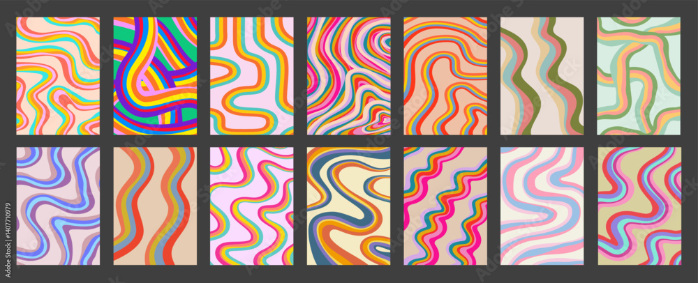 Poster Cool Rainbow Abstract Posters Set Vector Design. Psychedelic Trippy Colorful Y2K Pattern Cover. Funky Groovy Wavy Texture.