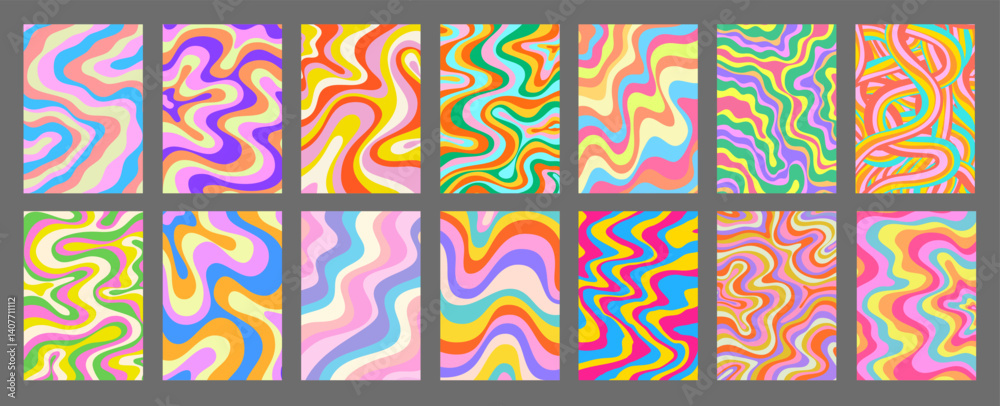 Aufkleber Abstract Geometric Colorful Posters Set. Cool Groovy Placards Vector Design. Y2k Bright Trippy Wavy Textures Collection. Playful Funny Covers.