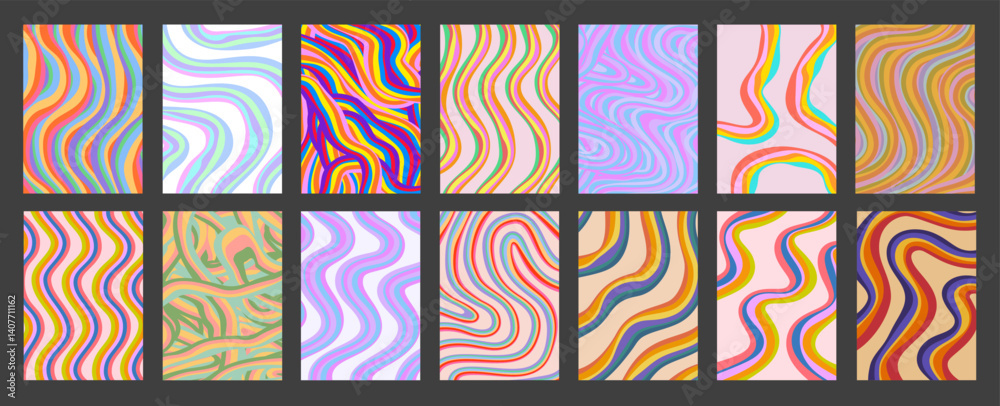 Poster cool rainbow abstract posters set vector design. psychedelic trippy colorful y2k pattern cover. funk