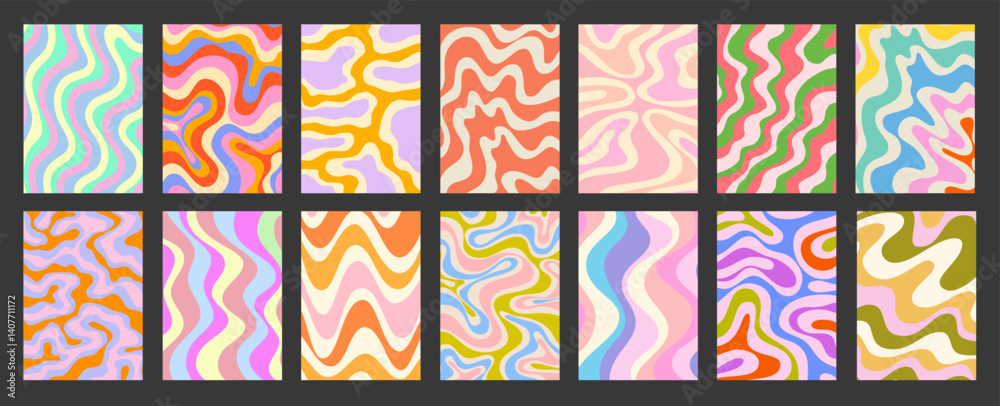 Poster abstract geometric colorful posters set. cool groovy placards vector design. y2k bright trippy wavy 