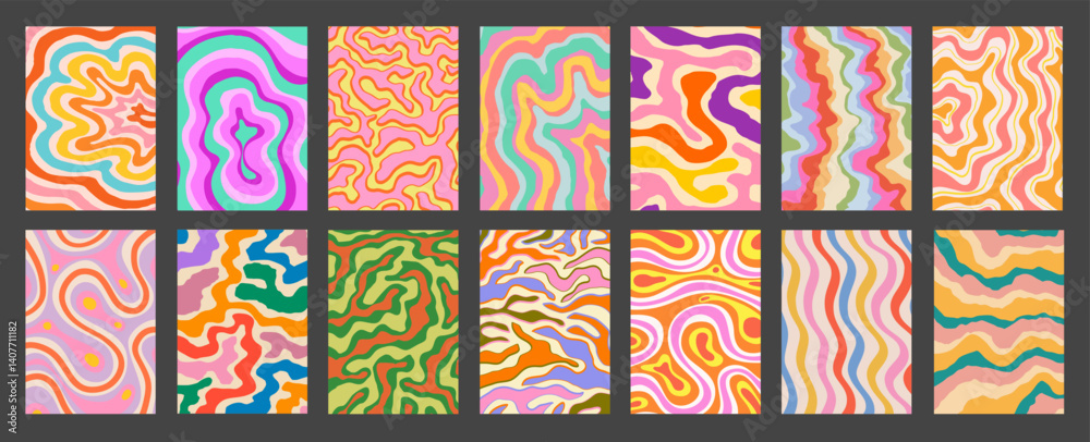 Aufkleber Abstract Geometric Colorful Posters Set. Cool Groovy Placards Vector Design. Y2k Bright Trippy Wavy Textures Collection. Playful Funny Covers.