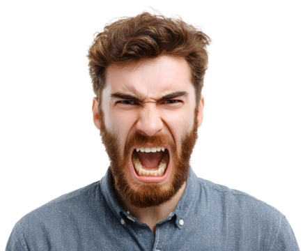 A person expressing intense anger with a loud scream, conveying frustration, outrage, and discontent. Their facial expression shows fury.