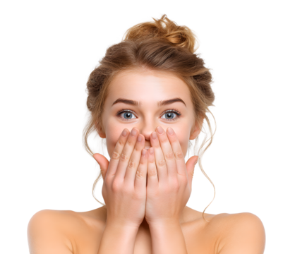 Expressive young woman with hands covering her mouth, conveying a sense of surprise, excitement, or amusement against a plain background.