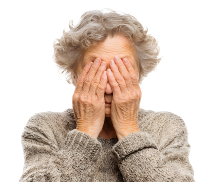 A mature woman covers her face with her hands, expressing feelings like sadness, grief, despair, or shame. The image conveys intense emotion. - Powered by Adobe