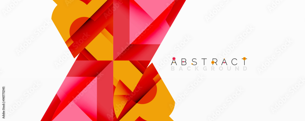 Poster Dynamic abstract composition. Overlapping geometric shapes create vibrant visual effect. Red, orange, pink hues dominate design. Modern, clean aesthetic.
