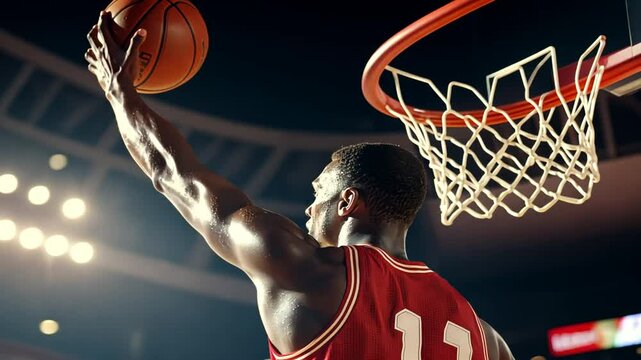 A powerful African American basketball player slams dunk in mid-air