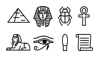 Ancient egyptian symbols: pyramid, sphinx, ankh, hieroglyphs and scarab.