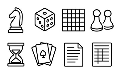 Board game icons: chess, dice, grid, pawns, hourglass, cards, documents, spreadsheet.