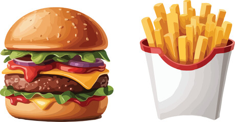  Delicious burger and fries meal, vector illustration for food, fast food, and restaurant-related designs