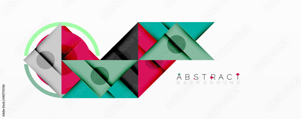 Poster Geometric shapes overlap, creating dynamic composition. Pink, teal, black, gray colors dominate design. Circular element adds visual interest. Modern abstract background.