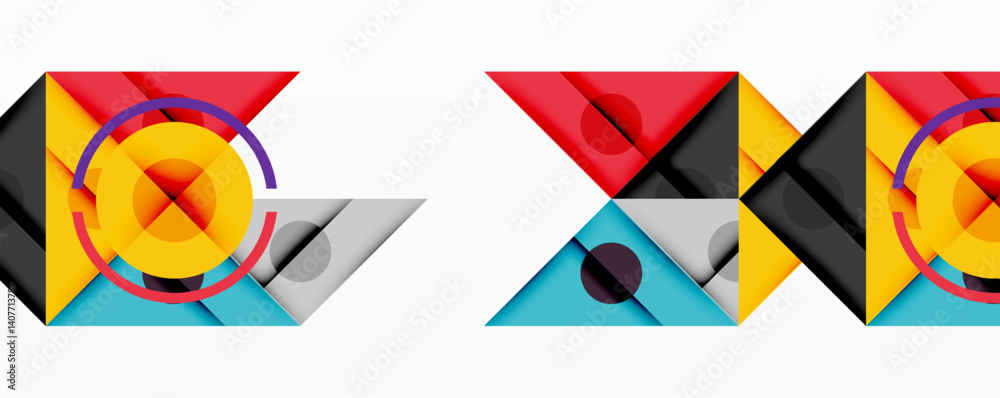 Aufkleber Abstract geometric composition. Overlapping triangles, circles, squares create dynamic visual effect. Bright colorsred, yellow, black, bluedominate design. Modern, minimalist aesthetic.