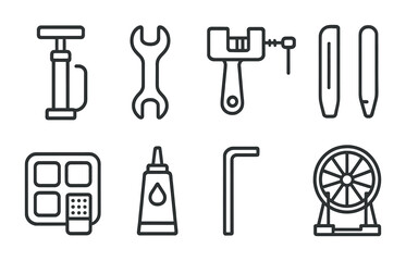Bicycle maintenance tools icons set with pump, wrench, and repair kit.